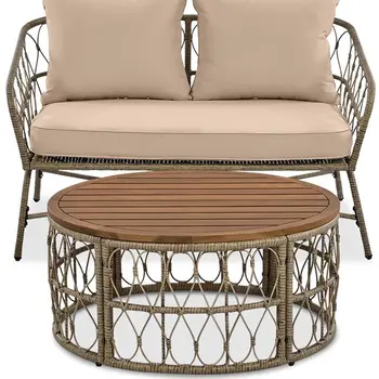 Four Piece Natural and White Wicker Upholstered Cushions Sofa Seating Group With Table