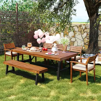 Seven Piece Oak and Beige Solid Manufactured Wood Upholstered Cushions Outdoor Patio Set With Table