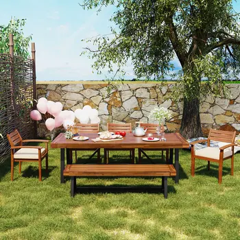 Seven Piece Oak and Beige Solid Manufactured Wood Upholstered Cushions Outdoor Patio Set With Table