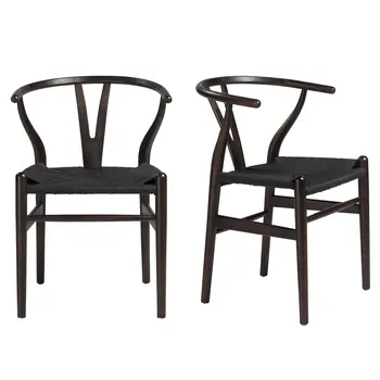 Set of Two Brown and Black Solid Wood Wishbone Back Dining Arm Chairs