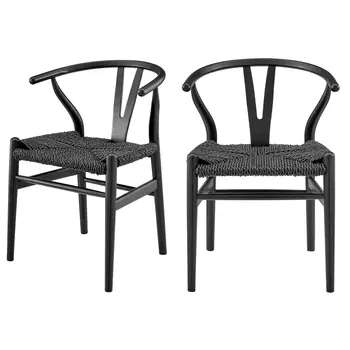 Set of Two Black Solid Wood Wishbone Back Dining Arm Chairs