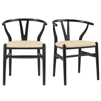 Set of Two Natural and Black Upholstery Wishbone Back Dining Arm Chairs