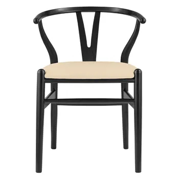 Set of Two Natural and Black Upholstery Wishbone Back Dining Arm Chairs