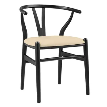 Set of Two Natural and Black Upholstery Wishbone Back Dining Arm Chairs