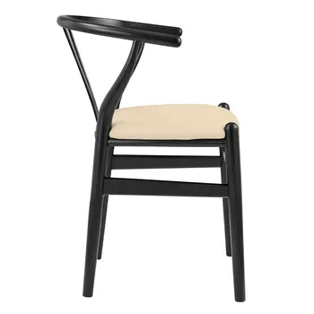 Set of Two Natural and Black Upholstery Wishbone Back Dining Arm Chairs