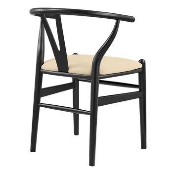 Set of Two Natural and Black Upholstery Wishbone Back Dining Arm Chairs