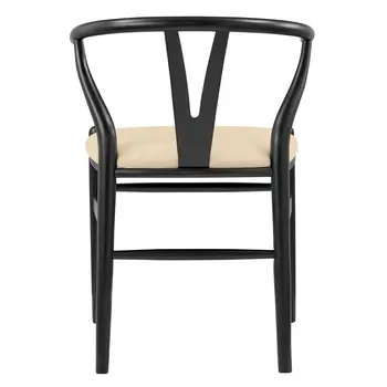 Set of Two Natural and Black Upholstery Wishbone Back Dining Arm Chairs