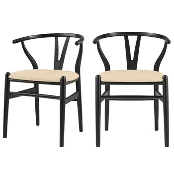 Set of Two Natural and Black Upholstery Wishbone Back Dining Arm Chairs