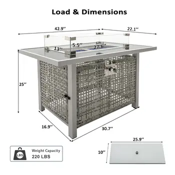 60000 BTU 45" Gray Stainless steel Propane Rectangular Fire pit table With Cover