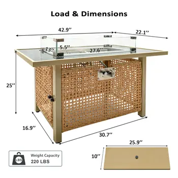 60000 BTU 45" Natural Stainless steel Propane Rectangular Fire pit table With Cover