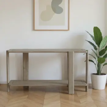 54" Natural Solid Wood Distressed Console Table With Shelf
