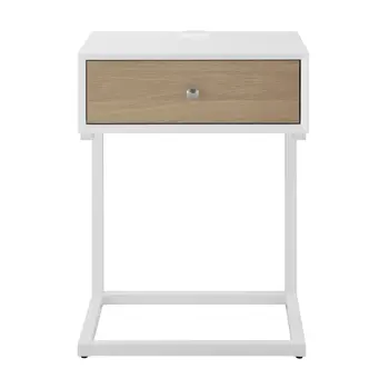 25" White Wood and Steel Frame End Table With Drawer And USB Port