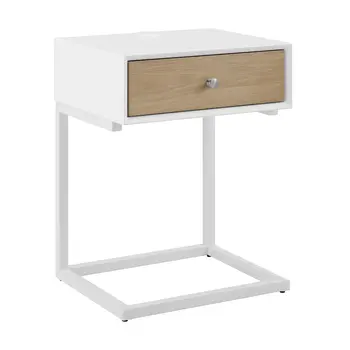 25" White Wood and Steel Frame End Table With Drawer And USB Port