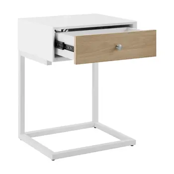 25" White Wood and Steel Frame End Table With Drawer And USB Port