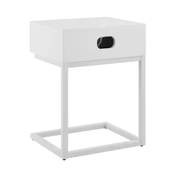 25" White Wood and Steel Frame End Table With Drawer And USB Port