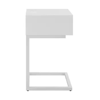 25" White Wood and Steel Frame End Table With Drawer And USB Port