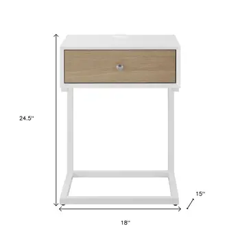 25" White Wood and Steel Frame End Table With Drawer And USB Port