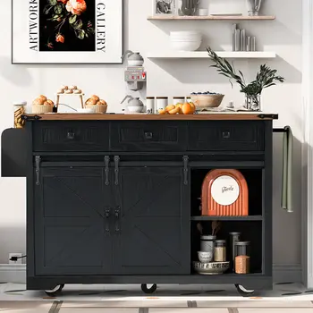 54" Black Wood Rolling Kitchen Island