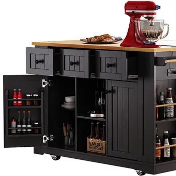 53" Black Wood Rolling Kitchen Island With Storage