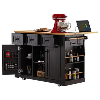 53" Black Wood Rolling Kitchen Island With Storage