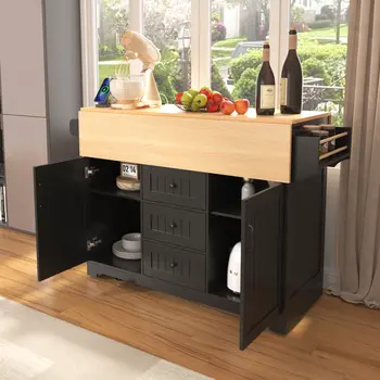 56" Black Wood Rolling Kitchen Island With Storage