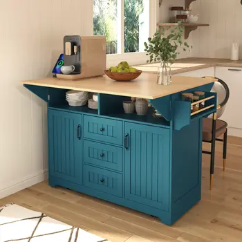 56" Teal Blue Wood Rolling Kitchen Island With Storage