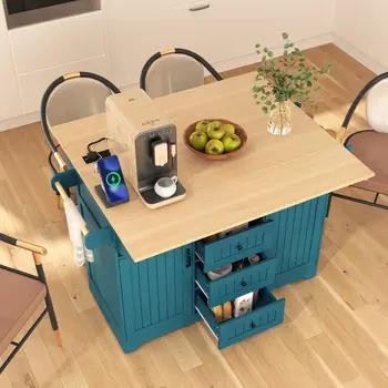 56" Teal Blue Wood Rolling Kitchen Island With Storage