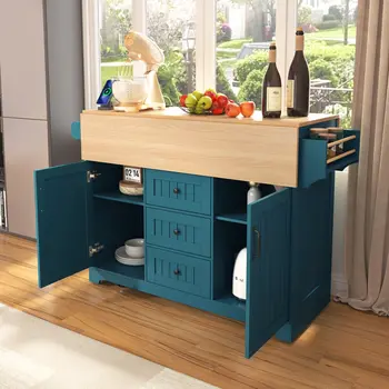 56" Teal Blue Wood Rolling Kitchen Island With Storage