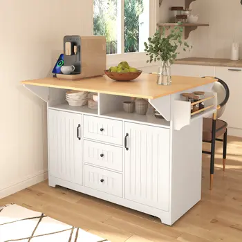 56" White Wood Rolling Kitchen Island With Storage