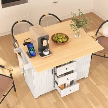 56" White Wood Rolling Kitchen Island With Storage