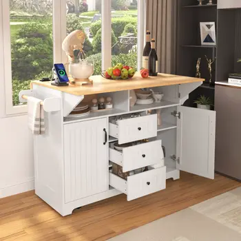56" White Wood Rolling Kitchen Island With Storage