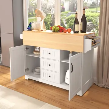 56" White Wood Rolling Kitchen Island With Storage