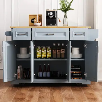 54" Light Blue Wood Rolling Kitchen Island With Storage