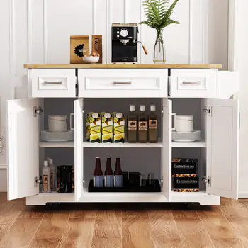 54" White Wood Rolling Kitchen Island With Storage