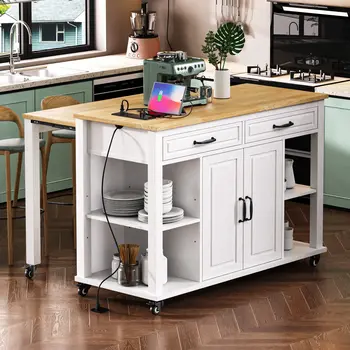 47" White Wood Rolling Kitchen Island With Storage