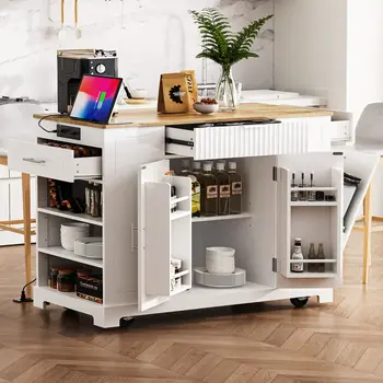 49" White Wood Rolling Kitchen Island With Storage