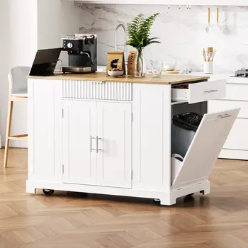 49" White Wood Rolling Kitchen Island With Storage