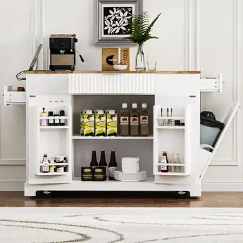 49" White Wood Rolling Kitchen Island With Storage