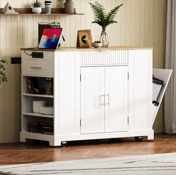 49" White Wood Rolling Kitchen Island With Storage
