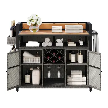 53" Gray Wood and Metal Rolling Kitchen Island With Storage