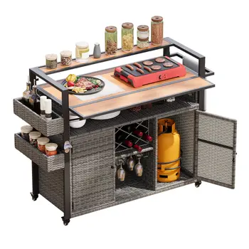 53" Gray Wood and Metal Rolling Kitchen Island With Storage