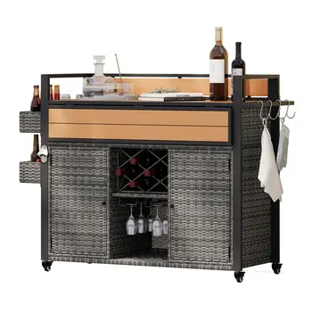 53" Gray Wood and Metal Rolling Kitchen Island With Storage