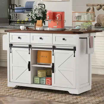 54" White Wood Rolling Kitchen Island
