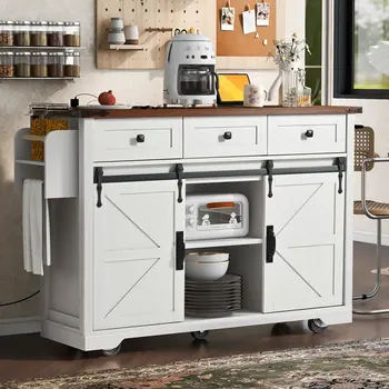54" White Wood Rolling Kitchen Island