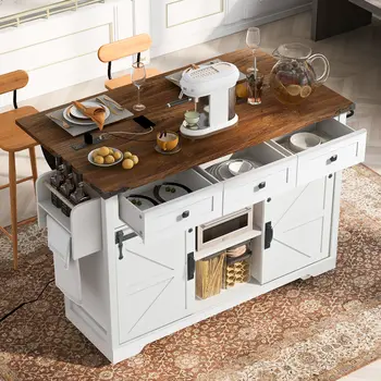 54" White Wood Rolling Kitchen Island