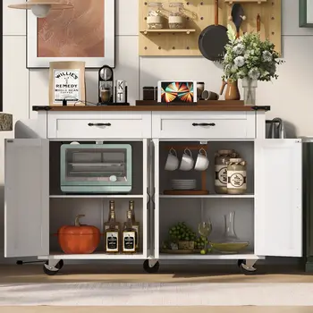 54" White Wood Rolling Kitchen Island