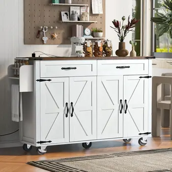 54" White Wood Rolling Kitchen Island