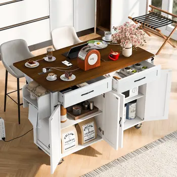 54" White Wood Rolling Kitchen Island