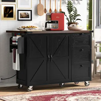 55" Black Wood Rolling Kitchen Island