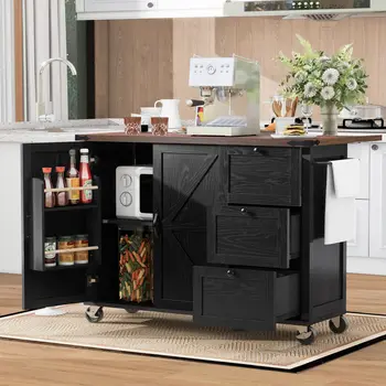 55" Black Wood Rolling Kitchen Island